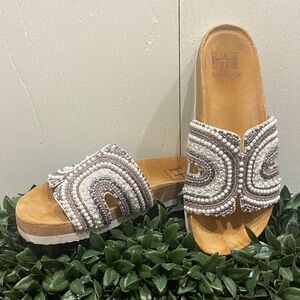 House of Harlow 1960 Beaded Slide Sandals - White and Tan size 6